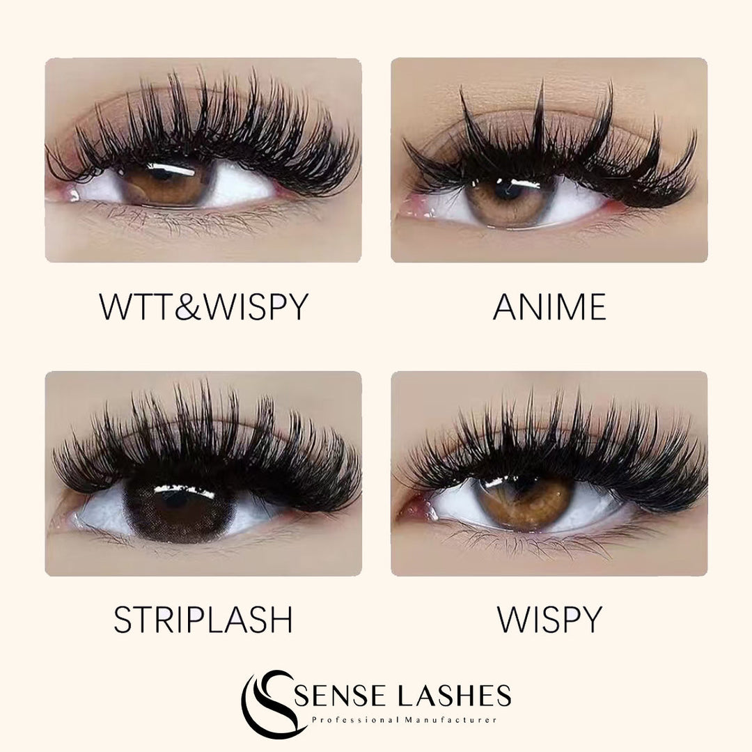 Four close-up shots of eyes with different false eyelash styles: WTT&Wispy, Anime, Striplash, and Wispy.