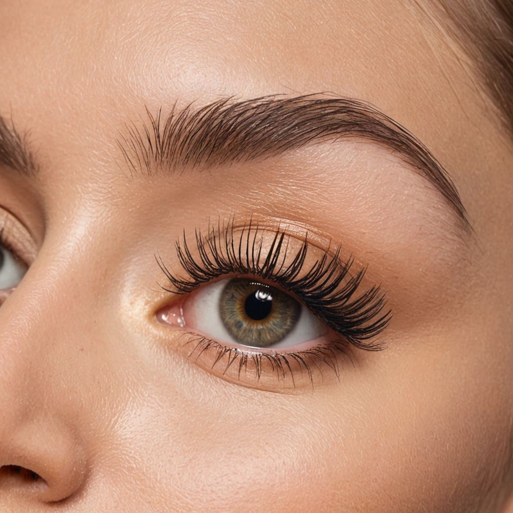  A close-up of a woman's eye with hybrid eyelash extensions, showing long and voluminous lashes.