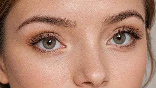 A close-up of a person's eyes with long, voluminous eyelashes, light brown eyebrows