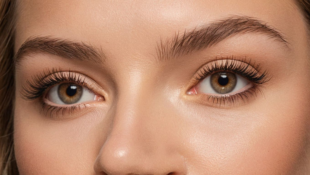 A close-up of a person's eyes with long, voluminous eyelash extensions.