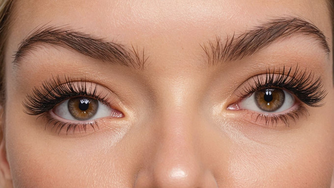 A close-up of eyes with long, voluminous eyelashes and defined eyebrows.