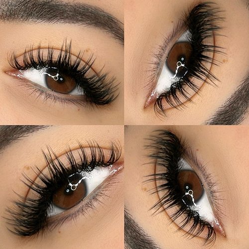  Four close-up shots of a brown eye with dramatic, voluminous false eyelashes.