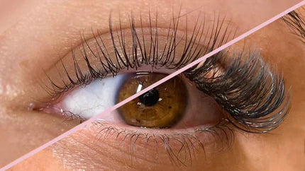 A dramatic increase in eyelash volume and length before and after applying false lashes.