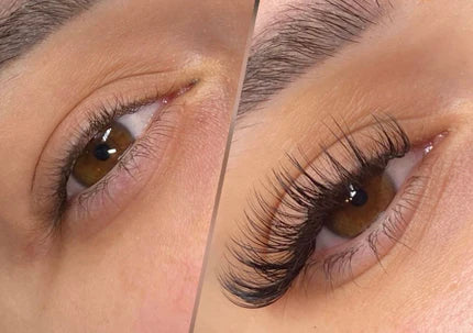 Two close-up images of an eye, showing before and after applying mascara, with noticeably longer eyelashes in the second image.